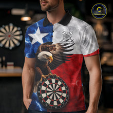 Load image into Gallery viewer, Man wearing Texas flag eagle lightning darts team jersey polo shirt featuring patriotic Texas flag eagle artwork, front view.