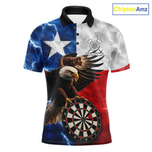 Load image into Gallery viewer, Texas flag eagle lightning darts team jersey polo shirt for men featuring patriotic Texas flag artwork with a soaring eagle and lightning graphics, premium custom darts league apparel for tournaments and competitive dart players.