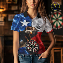 Load image into Gallery viewer, Woman wearing Texas flag eagle lightning darts team jersey polo shirt featuring patriotic Texas flag eagle artwork, front view.