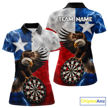 Load image into Gallery viewer, Texas flag eagle lightning darts team jersey polo shirt for women featuring patriotic Texas flag artwork with a soaring eagle and lightning graphics, premium custom darts league apparel for tournaments and competitive dart players.