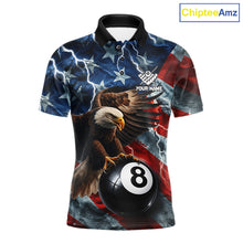 Load image into Gallery viewer, American flag eagle lightning 8 ball billiard pool team jersey polo shirt for men featuring patriotic eagle artwork with lightning effects, premium custom pool league apparel for tournaments and league play.