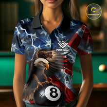 Load image into Gallery viewer, Woman wearing American flag eagle lightning 8 ball billiard pool team jersey polo shirt featuring patriotic eagle artwork, front view.