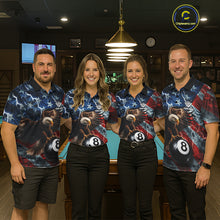 Load image into Gallery viewer, Billiard team wearing matching American flag eagle lightning 8 ball pool team jerseys featuring patriotic eagle graphics, back view.