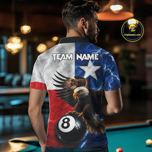 Load image into Gallery viewer, Man wearing Texas flag eagle lightning 8 ball billiard pool team jersey polo shirt featuring patriotic Texas eagle artwork, back view.