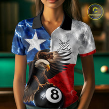 Load image into Gallery viewer, Woman wearing Texas flag eagle lightning 8 ball billiard pool team jersey polo shirt featuring patriotic Texas eagle artwork, front view.
