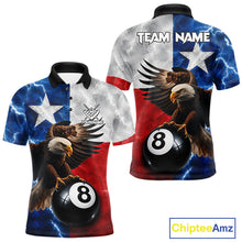 Load image into Gallery viewer, Texas flag eagle lightning 8 ball billiard pool team jersey polo shirt for men featuring patriotic Texas flag artwork with a soaring eagle and lightning effects, premium custom pool league apparel.