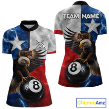 Load image into Gallery viewer, Texas flag eagle lightning 8 ball billiard pool team jersey quarter zip shirt for women featuring bold Texas flag eagle graphics and lightning artwork.