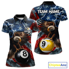 Load image into Gallery viewer, American flag eagle lightning 8 ball billiard pool team jersey polo shirt for women featuring patriotic eagle artwork with lightning effects, premium custom pool league apparel for tournaments and league play.