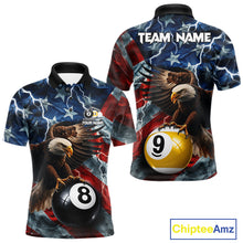 Load image into Gallery viewer, Custom American flag eagle lightning 8 ball and 9 ball billiard pool team jersey polo shirt for men featuring patriotic eagle artwork with lightning effects, premium custom pool league apparel for tournaments.