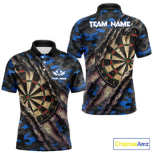 Load image into Gallery viewer, Blue Retro Grunge Camo Darts Shirt For Men Custom Darts Jersey Team Polo &amp; Quarter Zip Uniform TDM5449