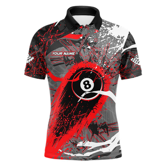 Red Grunge 8 Ball Pool Custom Billiard Shirts For Men, Billiard Team Jerseys Polo 1/4 Zip TDM6073