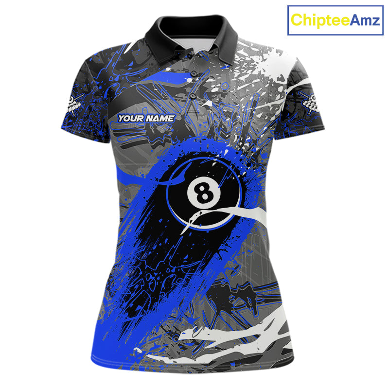 Blue Grunge 8 Ball Pool Custom Billiard Shirts For Women, Billiard Team Jerseys Polo 1/4 Zip TDM6074