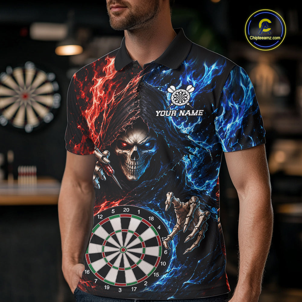 Blue And Red Flaming Grim Reaper Darts Shirts For Men Custom Darts Team Jersey Polo & 1/4 Zip TDM6503