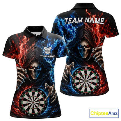 Blue And Red Flaming Grim Reaper Darts Shirts For Women Custom Darts Team Jersey Polo & 1/4 Zip TDM6503