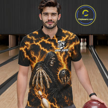 Load image into Gallery viewer, Man wearing custom yellow lightning Grim Reaper bowling team jersey polo shirt featuring yellow lightning Grim Reaper artwork, front view.