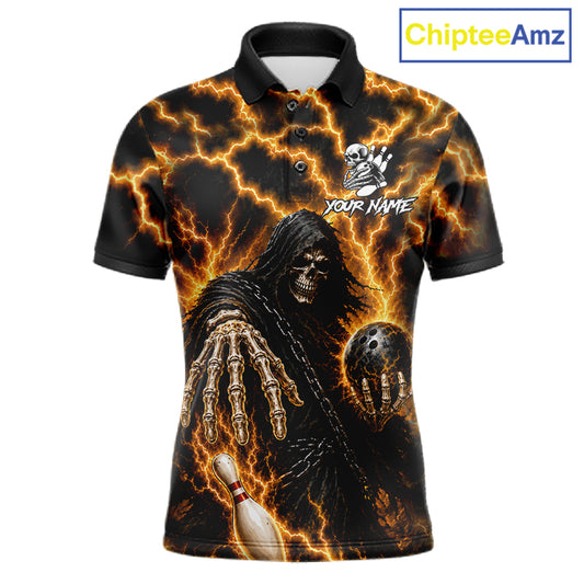 Custom yellow lightning Grim Reaper bowling team jersey polo shirt for men featuring a fierce Grim Reaper with yellow lightning artwork, premium custom bowling league apparel for tournaments, league competition and bowling teams.