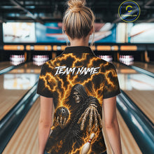 Load image into Gallery viewer, Woman wearing custom yellow lightning Grim Reaper bowling team jersey quarter zip shirt featuring yellow lightning Grim Reaper artwork, front view.