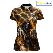 Load image into Gallery viewer, Custom yellow lightning Grim Reaper bowling team jersey polo shirt for women featuring a fierce Grim Reaper with yellow lightning artwork, premium custom bowling league apparel for tournaments, league competition and competitive bowling teams.
