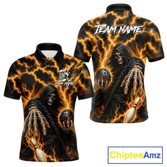Custom yellow lightning Grim Reaper bowling team jersey polo shirt for men featuring a fierce Grim Reaper with yellow lightning artwork, premium custom bowling league apparel for tournaments, league competition and bowling teams.