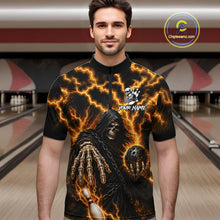 Load image into Gallery viewer, Man wearing custom yellow lightning Grim Reaper bowling team jersey quarter zip shirt featuring yellow lightning Grim Reaper artwork, front view.