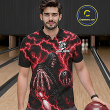 Load image into Gallery viewer, Man wearing custom red lightning Grim Reaper bowling league team jersey polo shirt featuring red lightning Grim Reaper artwork, front view.