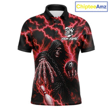 Load image into Gallery viewer, Custom red lightning Grim Reaper bowling league team jersey polo shirt for men featuring a fierce Grim Reaper with red lightning artwork, premium bowling apparel for tournaments, league nights and competitive bowling teams.