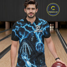 Load image into Gallery viewer, Man wearing custom blue lightning Grim Reaper bowling team jersey polo shirt featuring blue lightning Grim Reaper artwork, front view.