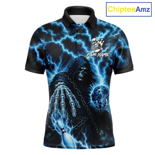 Custom blue lightning Grim Reaper bowling team jersey polo shirt for men featuring a fierce Grim Reaper with blue lightning artwork, premium bowling league apparel for tournaments, league play and competitive bowling teams.
