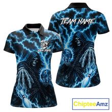 Load image into Gallery viewer, Custom blue lightning Grim Reaper bowling team jersey polo shirt for women featuring a fierce Grim Reaper with blue lightning artwork, premium custom bowling league apparel for tournaments, league play and competitive bowling teams.