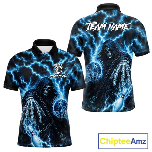Custom blue lightning Grim Reaper bowling team jersey polo shirt for men featuring a fierce Grim Reaper with blue lightning artwork, premium bowling league apparel for tournaments, league play and competitive bowling teams.