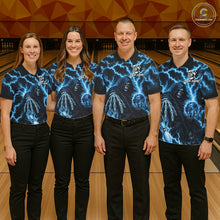 Load image into Gallery viewer, Bowling team wearing matching custom blue lightning Grim Reaper bowling team jerseys featuring premium Grim Reaper and lightning artwork, front view.