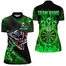 Load image into Gallery viewer, Fire Flame Darts Board American Flag Skull Dart Shirts For Women Custom Darts Team Jerseys |Green TDM2981