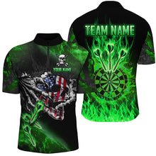 Load image into Gallery viewer, Fire Flame Darts Board American Flag Skull Dart Shirts For Men Custom Darts Team Jerseys |Green TDM2981