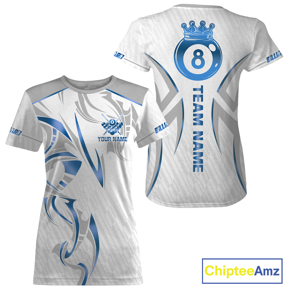 White And Blue 8 Ball Crown Billiard T-Shirt For Women Custom Billiard Jersey, Pool Team Shirts TDM5213