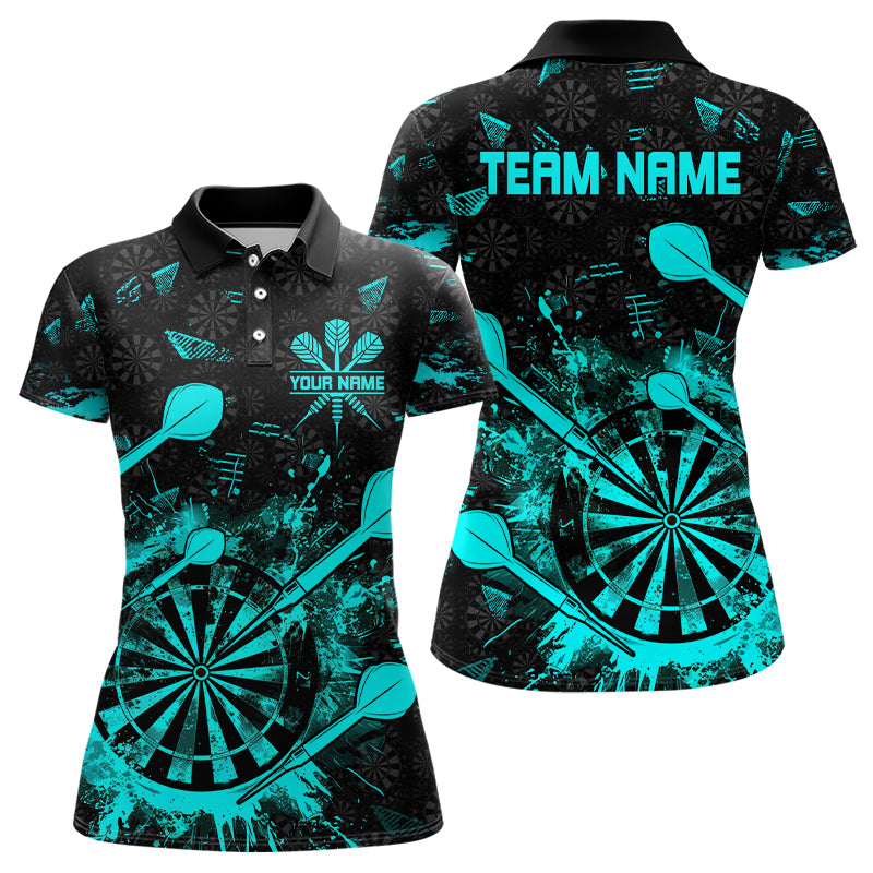 Black And Turquoise Grunge Darts Polo, Quarter Zip For Women Custom Dart Shirts For Team Dart Jerseys TDM3226