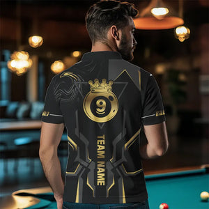 Customized 9 Ball Pool Crown Men Billiard Shirts, Gold And Black Billiard Team Shirts, Pool Jerseys TDM3565