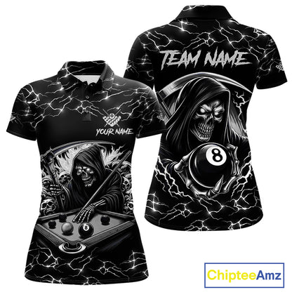 Black White Funny Grim Reaper 8 Ball Pool Women Billiard Shirts Custom Lightning Billiard Jerseys TDM3726