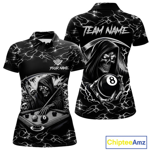 Black White Funny Grim Reaper 8 Ball Pool Women Billiard Shirts Custom Lightning Billiard Jerseys TDM3726