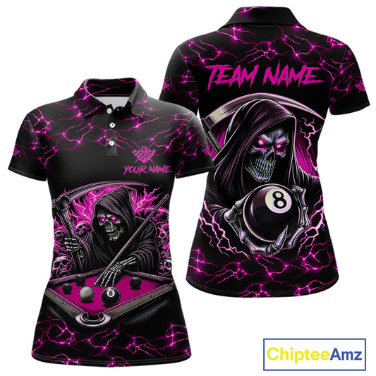 Pink Funny Grim Reaper 8 Ball Pool Women Billiard Shirts Custom Lightning Billiard Jerseys TDM3727