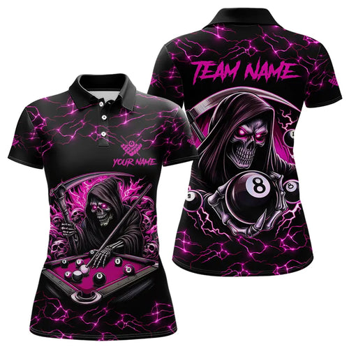 Pink Funny Death Skeleton 8 Ball Pool Women Billiard Shirts Custom Lightning Billiard Jerseys TDM3727