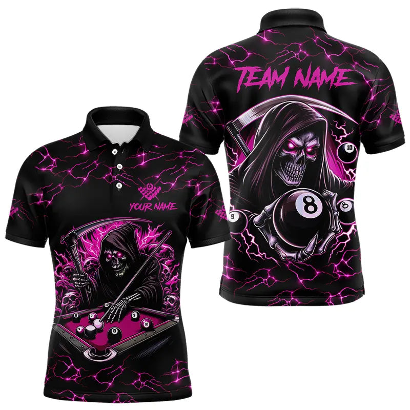Pink Funny Death Skeleton 8 Ball Pool Men Billiard Shirts Custom Lightning Billiard Jerseys TDM3727