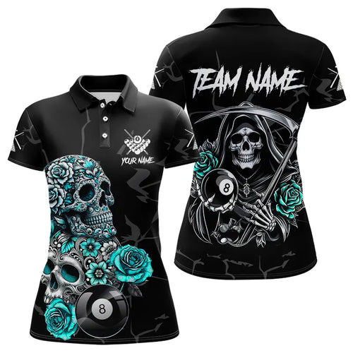 Personalized Funny Turquoise Skull Roses 8 Ball Billiard Shirts For Women Custom Pool Team Shirts TDM3728