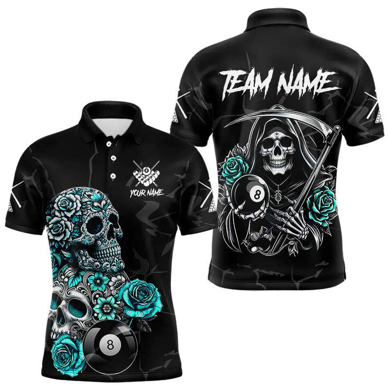 Personalized Funny Turquoise Skull Roses 8 Ball Billiard Shirts For Men Custom Pool Team Shirts TDM3728