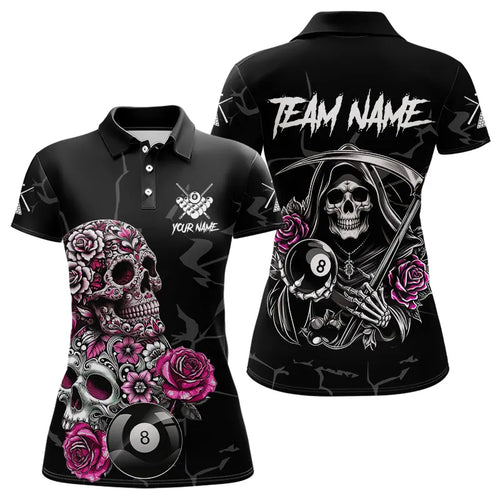 Personalized Pink Funny Skull Roses 8 Ball Billiard Shirts For Women Custom Pool Team Shirts TDM3729