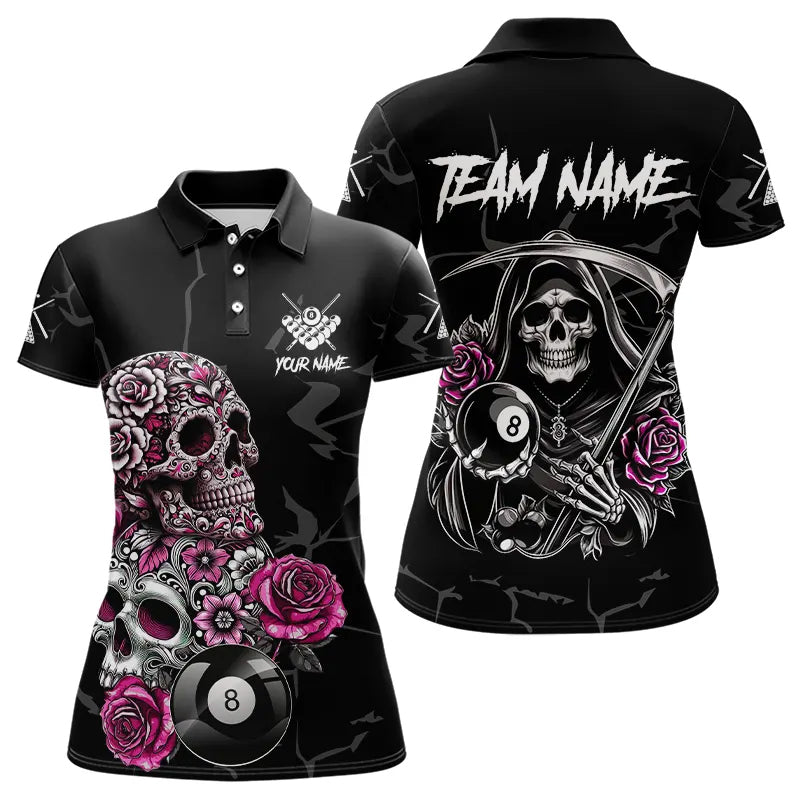Personalized Pink Funny Skull Roses 8 Ball Billiard Shirts For Women Custom Pool Team Shirts TDM3729
