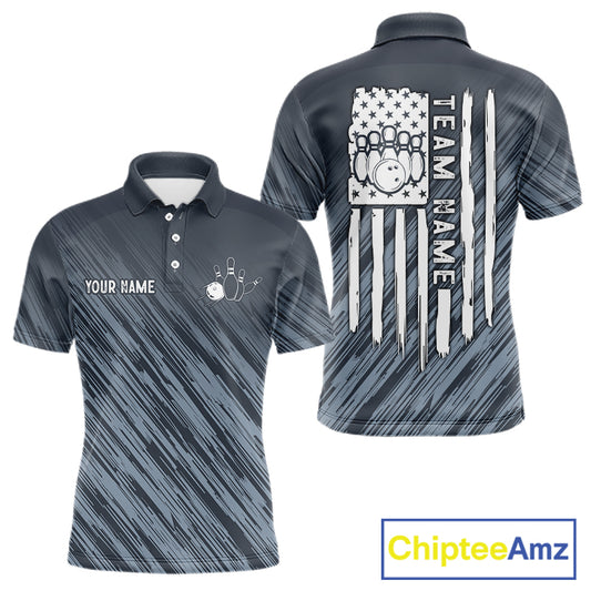 Custom Grey Grunge American Flag Bowling Shirt For Men, Patriotic Bowling Jersey Polo & 1/4 Zip TDM6516