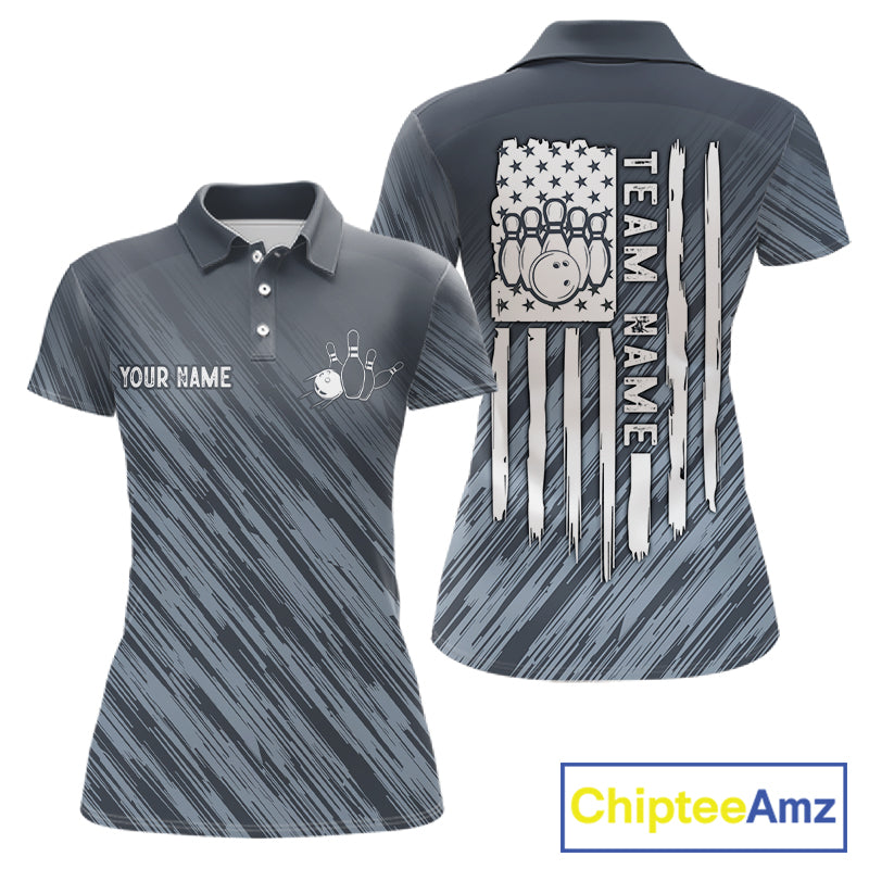 Custom Grey Grunge American Flag Bowling Shirt For Women, Patriotic Bowling Jersey Polo & 1/4 Zip TDM6516