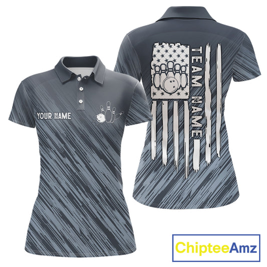 Custom Grey Grunge American Flag Bowling Shirt For Women, Patriotic Bowling Jersey Polo & 1/4 Zip TDM6516