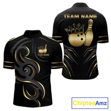 Load image into Gallery viewer, Black and gold crown bowling ball quarter zip shirt for men designed for league tournaments and team events.