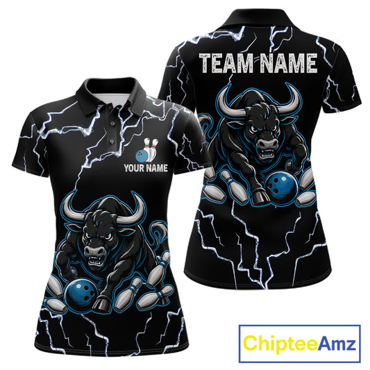 Blue bull lightning bowling polo shirt for women with custom bowling league graphics.